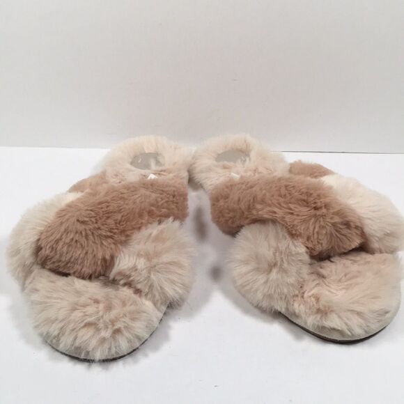 Fuzzy Slippers Twisted Two Strap Brown & Tan Size M/L - Picture 1 of 10